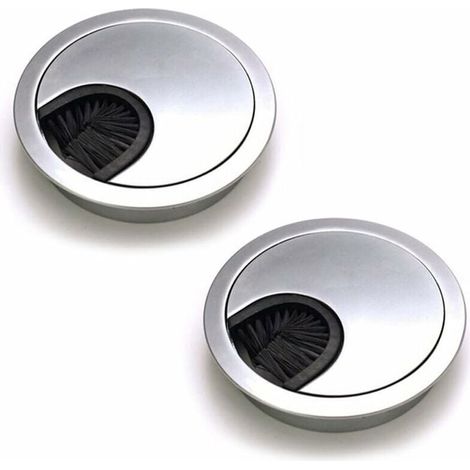 Lot de 2 Passe Cables Ronds Encastrables, Passe Cable Fil Métal Acier Brossé Design, Rangements de Cables pour Table de Bureau Diamètre 60 mm - Argent Perle Chrome (1/5)
