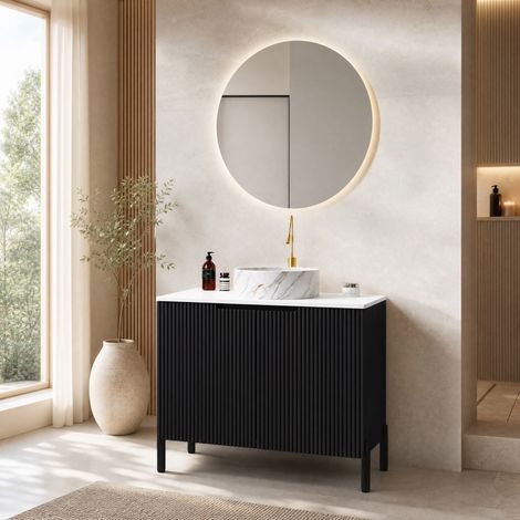 Meuble vasque 76/48/87 cm noir et blanc avec lavabo céramique, plan en pierre frittée et fermeture douce (1/5)