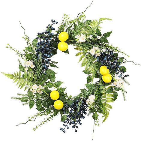 Couronne de printemps artificielle citron et myrtille (sans guirlande lumineuse) - Fleurs d'été, myrtilles et feuilles d'eucalyptus. Couronne de marguerites printanières pour porte d'entrée. (1/2)