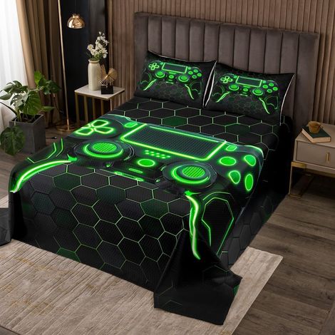 Jeux Couvre-Lit 260x240 Jeux pour Garçons Dessus de Lit Filles Enfants Et Adolescents Console de Jeux Couverture de Lit 3D Vert Poignée de Jeu Jeu Literie Géométrique Nid D'Abeille Imprimé Literie - 2 (1/5)