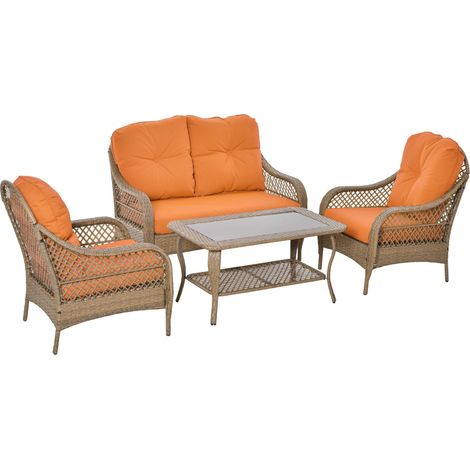 Set da Giardino Divano 2 Poltrone e Tavolino in Rattan con Cuscini Arancione (1/5)