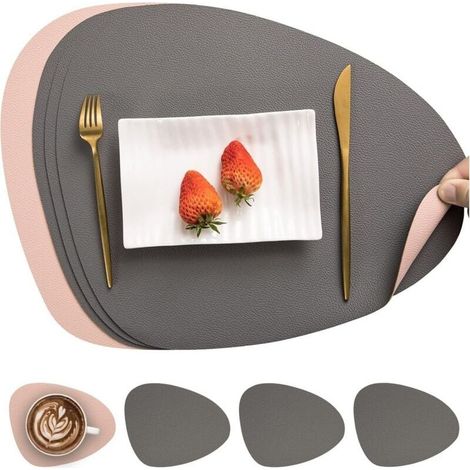 Leather Placemat and Coaster, Double-Sided Non-Slip Placemat, Waterproof, Washable, Placemats, Table Mat and Coaster, Plastic Placemat (Pink-Gray) (1/4)