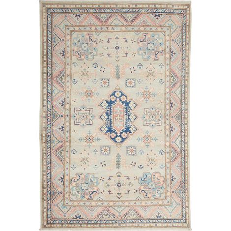 Tapis salon, 118 x 177 cm, géométrique, crème, bleu et rose, en laine pure, noué à la main au Pakistan (1/5)