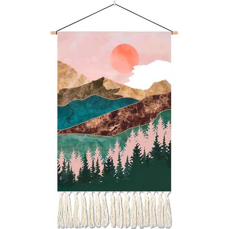 Tapiz de pared tejido en macramé bohemio con diseño de amanecer y borla colorida, decoración boho para el hogar, dormitorio, fiestas y regalos artesanales. (1/4)