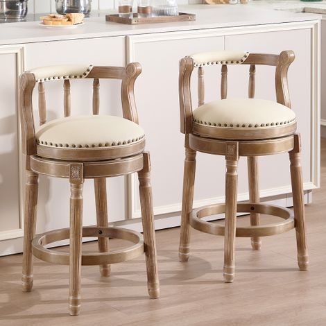 Tabouret de bar pivotant haute 26" pieds en bois, en cuir, blanc (1/5)