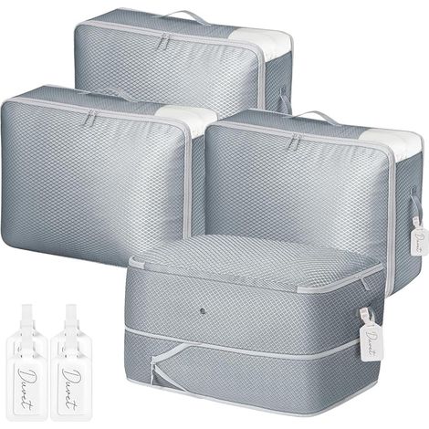 Sac de Compression - Housse de Rangement Vetement Couette Lot de 4, avec Poignées Renforcées, Organisateur D'auto-Compression pour Couettes, Vêtements, Oreillers, Linge de Lit, Gris (1/5)