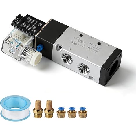 Válvula solenoide neumática de 3/8" 24V NO 5/2 vías, válvula magnética para aire comprimido mín. 0,2 bar, con 2 silenciadores, 3 racores neumáticos y cinta de PTFE, para cilindros neumáticos, 4V310-10 (1/5)