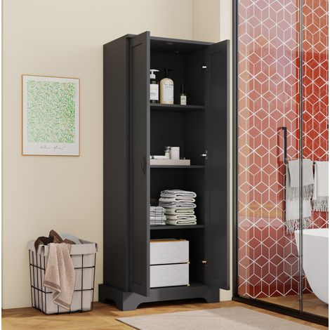Armoire de salle de bain sur pieds MDF noir 56 cm avec 2 portes, 4 étagères réglables et fermeture douce