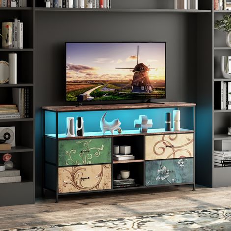 Mobile TV LED 108 cm con 4 Cassetti in Tessuto Stampato, Mobile TV da Salotto Effetto Legno Tigrato, Struttura Metallica, Piedi Regolabili, Contenitore Basso per Soggiorno, Camera o Ingresso