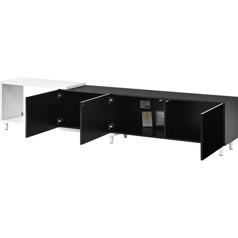 Meuble TV 258 cm, extensible de 180 à 258 cm, laqué noir et blanc, banc télévision noir et blanc en MDF et PB, 3 portes haute brillance et compartiments extensibles, modulable, meuble TV moderne (1/5)