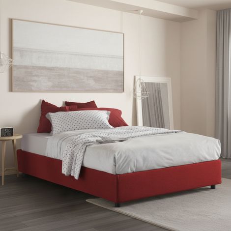Dmora - Cama matrimonial Dbard, Cama contenedor con revestimiento de tela, 100% Made in Italy, Apertura frontal, adecuado para colchón Cm 140x200, Rojo (1/4)