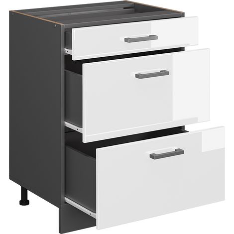 Mobiletto base per cucina R-Line, Bianco lucido, 60 cm con cassetti, senza piano di lavoro, Vicco