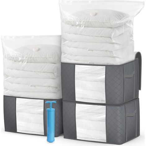VOUNOT® 7er Set Große Vakuum Aufbewahrungstasche mit Pumpe, 3 Vakuumbeutel, 3 EDENOO Aufbewahrungstasche mit Griff und Reißverschluss, Grau
