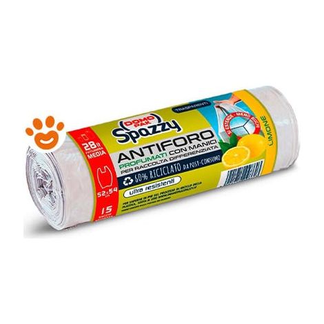 Domopak Spazzy Sacchi Pattumiera Profumati Antiforo con Manici 28 Lt. (52x54cm) Limone - Confezione 15 Pezzi -