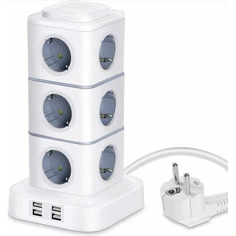 Multipresa verticale a 12 prese con 4 porte USB – Cavo di prolunga da 3 m – Protezione da sovratensione – Ricarica rapida per dispositivi mobili