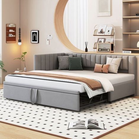 Lit gigogne 90x200cm canapé - sommier à lattes - tissu velours - banquette lit - place pour chambre enfant ou amis - gris (1/5)