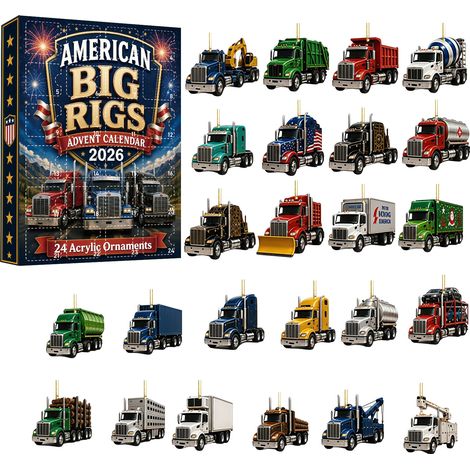 LKW-Adventskalender 2026 – 24-teilig – mehrfarbig – Acryl – Motiv: Amerikanischer Sattelschlepper – Hängende Ornamente – Sammelbare Mini-Dekorationen – Geeignet für Weihnachtsbaum und Innendekoration (1/5)