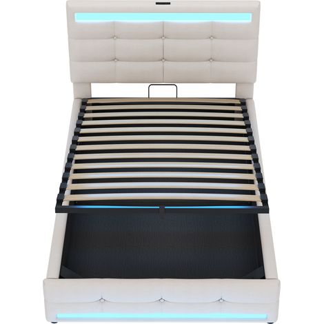 Polsterbett 90 x 200 cm beige mit RGB-LED, USB und hydraulischem Stauraum (1/5)
