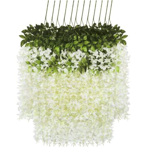 Lot de 12 Artificielle Fleurs Faux Wisteria Vigne Soie Fleur Suspendue Guirlande pour la Maison Jardin Partie De Mariage Décor Simulation Fleur (Lot de 12, 115cm, Blanc) (1/4)