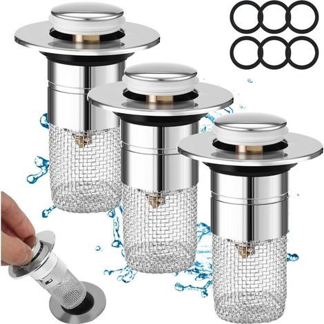 Bonde de Lavabo, Bouchon Lavabo Salle de Bain 3 pièces, Bouchon Lavabo, Bouchon Baignoire, Bonde Lavabo avec Filtre Amovible, Universel Pop Up Bonde de Lavabo, Bouchon Evier Cuisine de 34 à 40 mm (1/4)