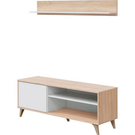 Mobile TV Con Mensola Parete Attrezzata In Stile Nordico Da 135 Cm Con Anta Push E Vani Multimediali Mobile Porta TV Con Ripiano A Parete Soggiorno Moderno 135 x 50 x 40 Cm Rovere E bianco