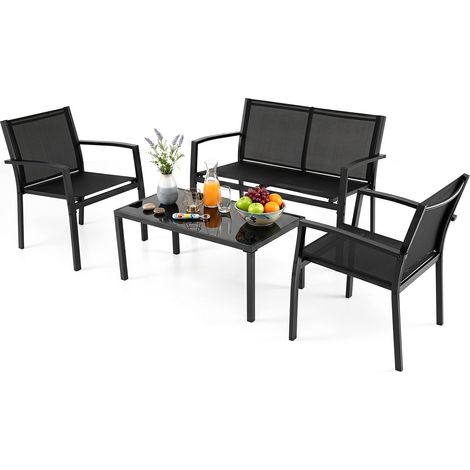 4-Piece Patio Furniture Set with Glass Table & Metal Frame (1/5)