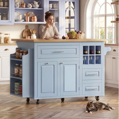 REDOM - Desserte de cuisine 143x75x91 cm, plan de travail rabattable, tiroirs et porte snacks latéral, MDF bleu (1/5)