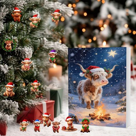 Calendrier de l'Avent 2026 sur le thème des vaches des Highlands écossaises : 24 décorations suspendues en acrylique 2D représentant d'adorables vaches des Highlands, idéales pour décorer votre sapin (1/5)