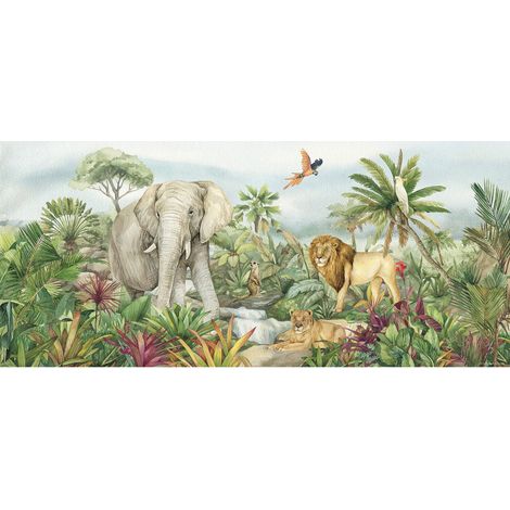 Poster géant horizontal animaux de la jungle en couleur - lion, perroquet, éléphant 170 x 75 CM (1/5)