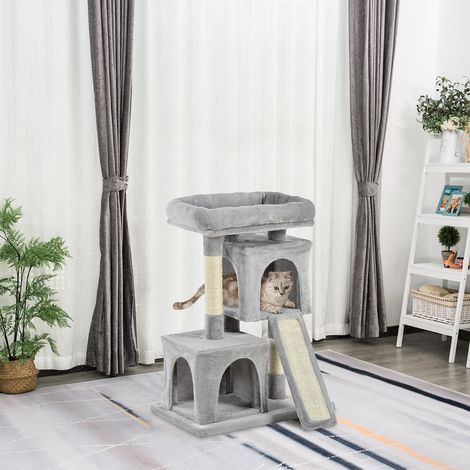 PawHut Kratzbaum 83 cm Kleiner Katzenkratzbaum mit Sisalsäulen, Katzenkratzbaum, Katzen Kletterbaum, Katzenbaum, Katzenmöbel Spielbaum für kleine Katzen, Hellgrau