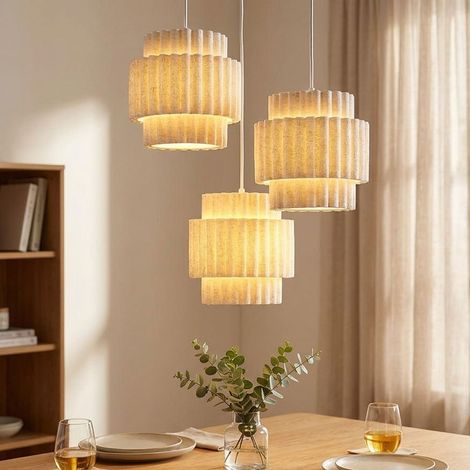 Lampada a sospensione per soggiorno, regolabile in altezza, color sabbia e metallo, H 150 cm (1/5)
