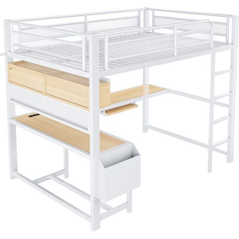 Letto a soppalco gaming 140x200 cm con scrivania, ripiano, LED e prese USB bianco (1/5)