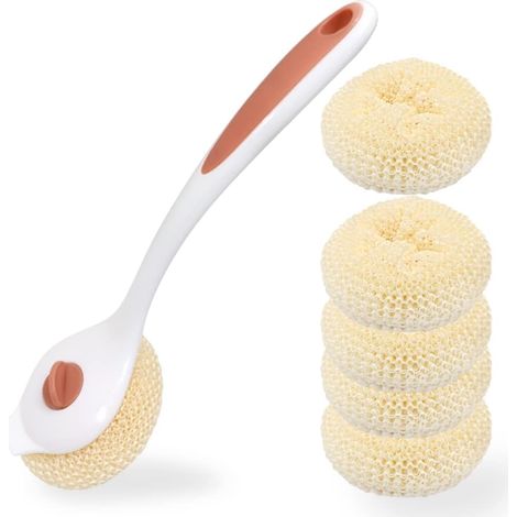 Brosse à vaisselle à long manche avec 5 têtes de rechange et grattoir intégré, brosse pour casseroles et poêles avec tampon en fibre anti-rayures pour nettoyer l'évier et la plaque de cuisson (rose) (1/5)