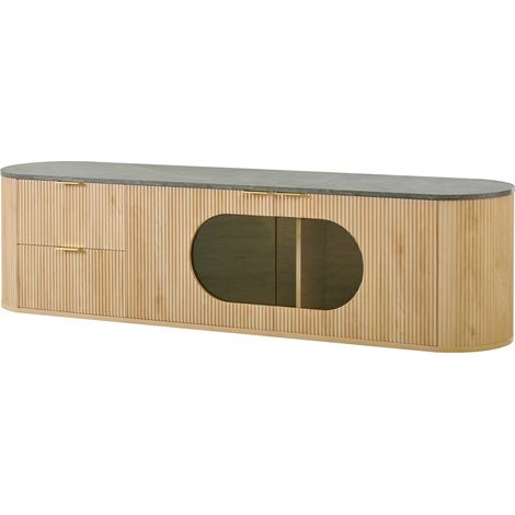 Mueble TV moderno de MDF en color natural con puertas de rayas 3D y vitrina ovalada de vidrio gris (1/5)