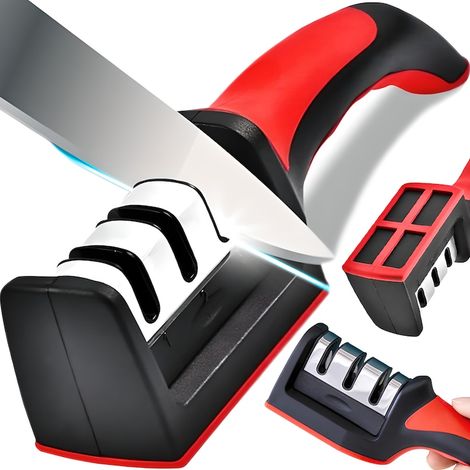 Affilacoltelli manuale a 3 fasi, impugnatura ergonomica e antiscivolo, 21 cm, acciaio, rosso/nero (1/5)