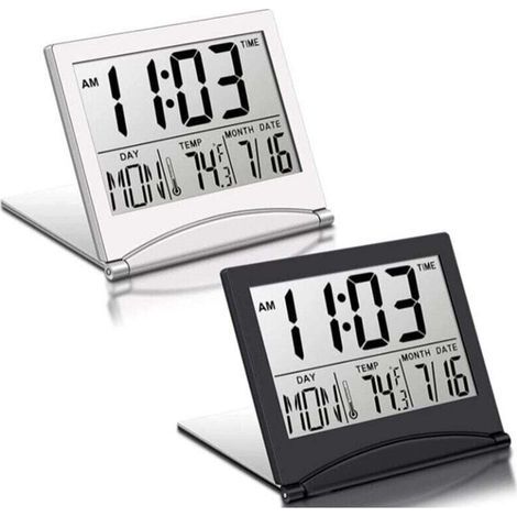 2-teiliger digitaler Reisewecker, faltbare LCD-Uhr mit Kalender, Temperaturanzeige, Schlummerfunktion, tragbares Tischdisplay (1/4)