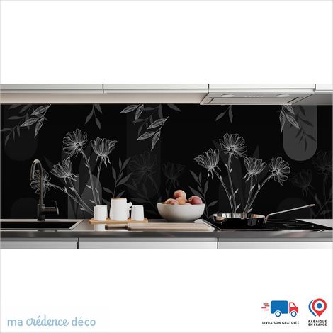 Crédence : Fleurs graphiques noir - Couleur Gris platine - Alu composite - 60 - 120 (1/3)