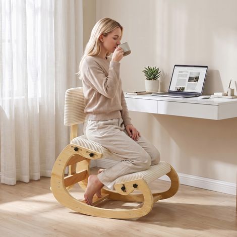 Chaise ergonomique à genoux, tabouret à genoux avec dossier, aspect velours côtelé, chaise de bureau pour la maison, le bureau ou la méditation, blanc crème (1/5)