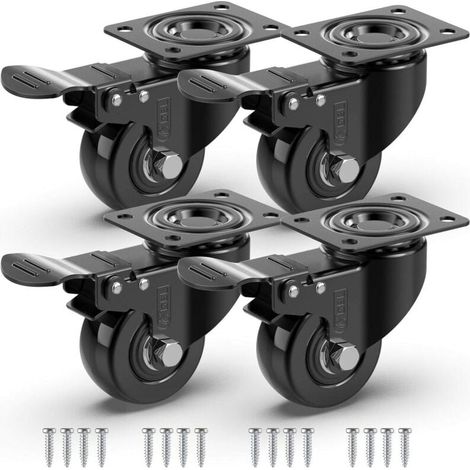 Swivel casters for furniture with brake + screws – 50 mm, up to 200 kg – non-marking caster for heavy loads – rubber wheel for trolley – black MUMU