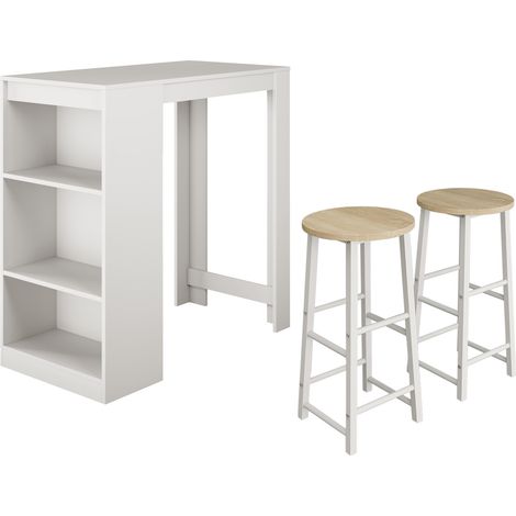Tavolo alto con 2 Sgabelli  110x103x50cm  Barra da cucina con ripiani  Modello Kyra  Bianco
