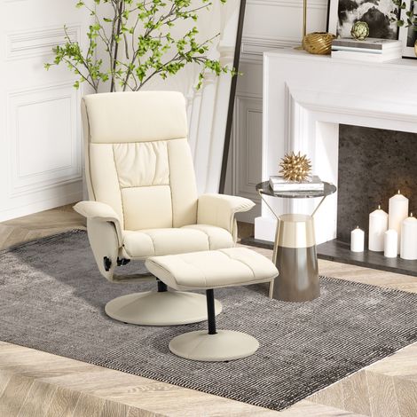 Fauteuil Relax Reclinable jusqu'à 135° avec Assise Pivotante et Pouf Repose-Pieds, 78x84x110cm, Crème (1/5)
