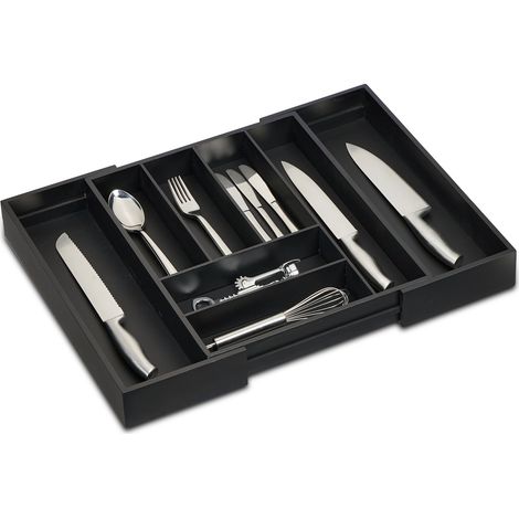 Relaxdays Extendable Cutlery Tray, Bamboo, 6-8 Compartments, HWD: 6.5 x 35-58 x 43.5 cm, Kitchen Drawer Insert, Black (1/5)