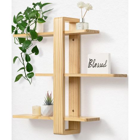 Étagère Murale Réglable 3 Niveaux en Bois Naturel Brut, 50 x 58 cm Étagère flottante en bois massif, tablettes amovibles, pour plantes et photos, salon, chambre, bureau et salle de bain (1/5)