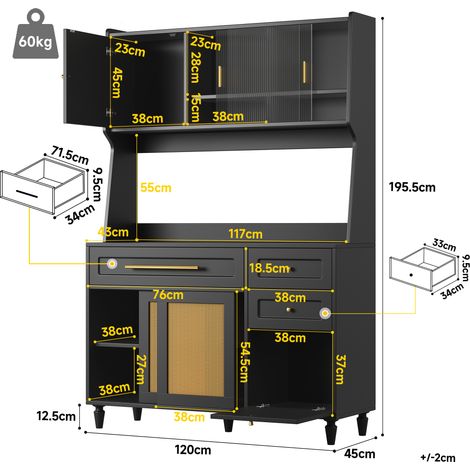 Meuble de cuisine, armoire haute, vitrine, buffet avec étagères réglables, meuble salle à manger à 3 tiroirs, sideboard avec éclairage LED, rotin PE, noir (1/5)