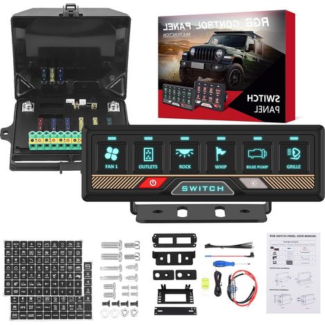 RVB 6 gangs Panneau de commande de commutateur 12-24V 60A Panneau de commutation multifonction à intensité variable Contrôle de batterie Acc Étanche, compatible avec camion SUV RV (1/5)