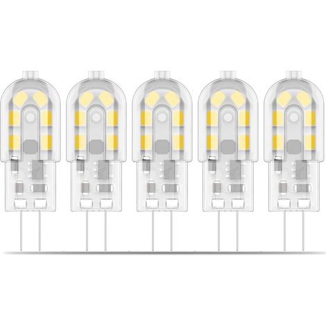 Lot de 5 ampoules LED G4 LED, 2 W remplacent les ampoules halogènes 10 W-25 W, sans scintillement, blanc chaud 3000 K, AC/DC 12 V, non dimmables, à économie d'énergie. (1/5)