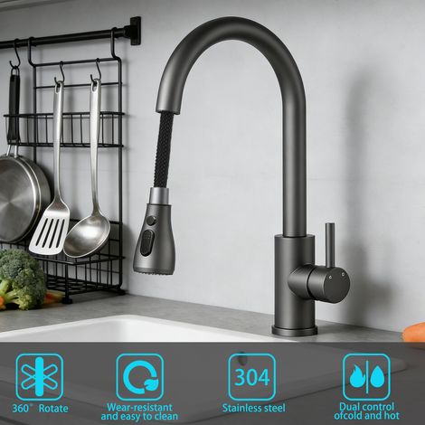 Duschparadies Küchenarmatur mit Ausziehbarer Brause 3 Modi Hochdruck Wasserhahn Küche Gunmetal Grau (1/5)