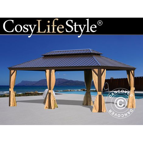 Gazebo Santa Fe Alu+ w/curtains and mosquito net, 3.65x6 m, Brown - Dancover