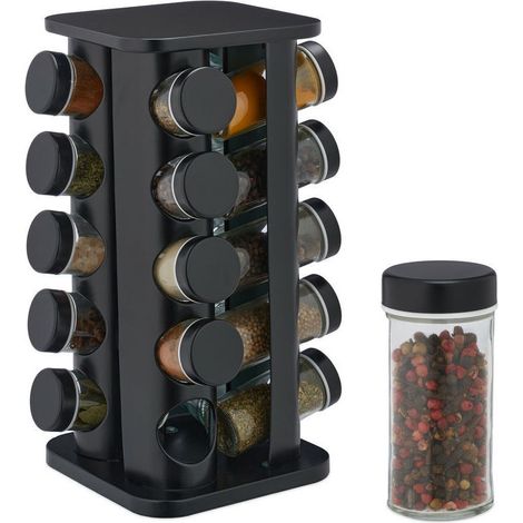Porte tournante carrée avec 20 bocaux en verre, rotative, tête de tamis pour le remplissage, pour usage en cuisine, noire (1/5)