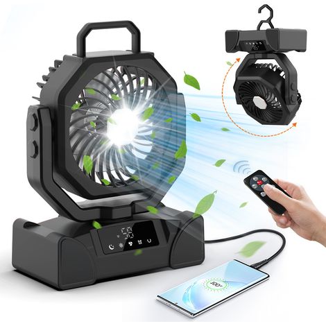 20000mAh Ventilateur de Camping, Ventilateur Portable Rechargeable 5 Vitesses, Ventilateur USB Silencieux avec Lumière LED, Télécommande et Crochet,Noir (1/4)